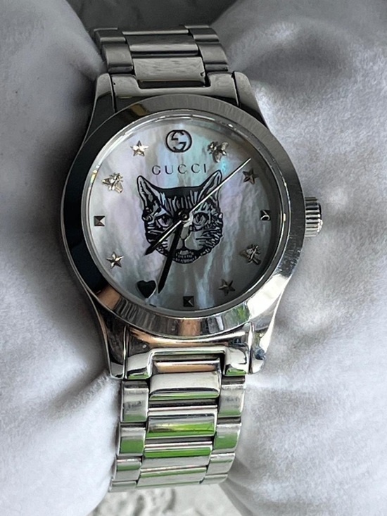 Gucci Accessories - Gucci Silver Stainless Steel Watch with Mother-of-Pearl Cat Dial